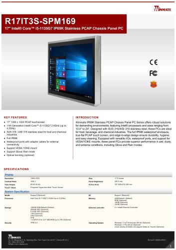 17" Intel&reg; Core&trade; i5-1135G7 IP69K Stainless PCAP Chassis Panel PC R17IT3S-SPM169