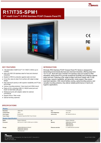 17" Intel&reg; Core&trade; i5 IP65 Stainless PCAP Chassis Panel PC R17IT3S-SPM1