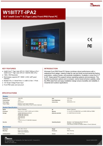 18.5" Intel&reg; Core&trade; i5 (Tiger Lake) Front IP65 Panel PC W18IT7T-IPA2