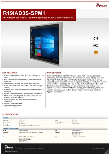 19" Intel&reg; Core&trade; i5-1235U IP65 Stainless PCAP Chassis Panel PC R19IAD3S-SPM1