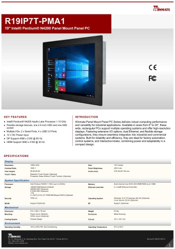 19" Intel&reg; Pentium&reg; N4200 Panel Mount Panel PC R19IP7T-PMA1