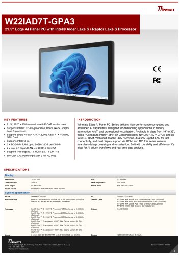 21.5" Edge AI Panel PC with Intel&reg; Alder Lake S / Raptor Lake S Processor W22IAD7T-GPA3