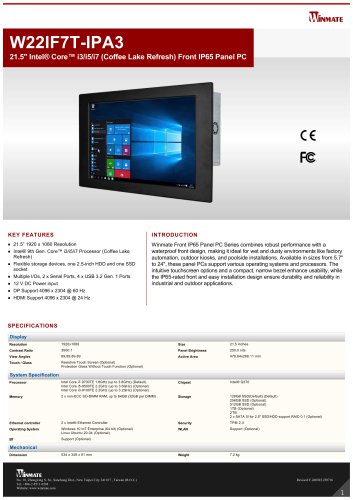 21.5" Intel&reg; Core&trade; i3/i5/i7 (Coffee Lake Refresh) Front IP65 Panel PC W22IF7T-IPA3