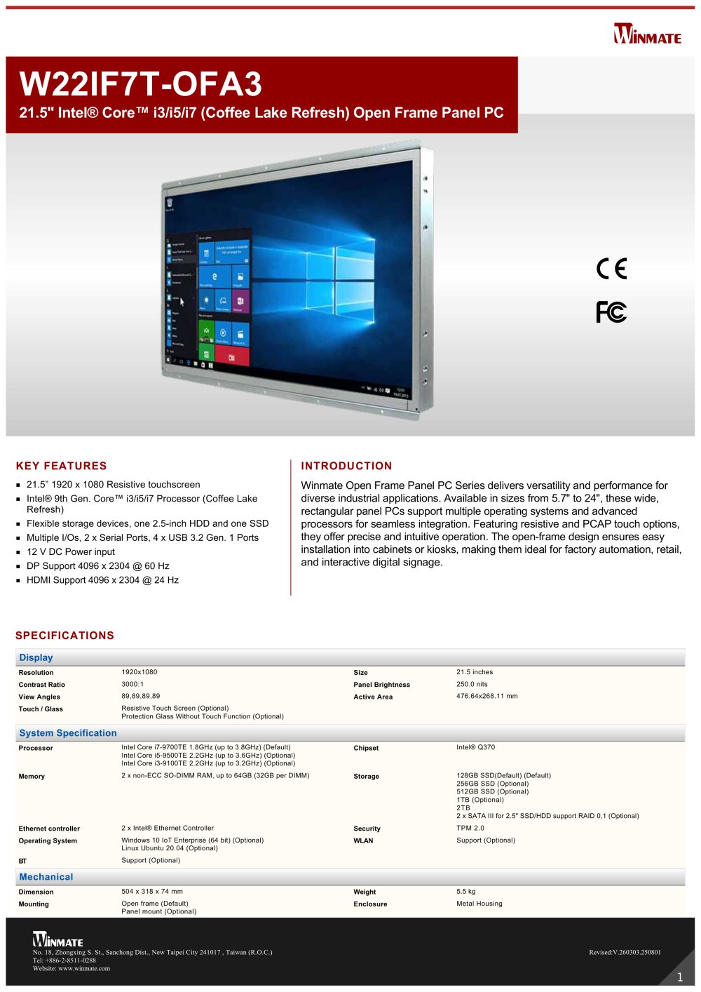 21.5" Intel&reg; Core&trade; i3/i5/i7 (Coffee Lake Refresh) Open Frame Panel PC W22IF7T-OFA3 - Winmate, Inc.