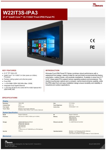 21.5" Intel&reg; Core&trade; i5-1135G7 Front IP65 Panel PC W22IT3S-IPA3