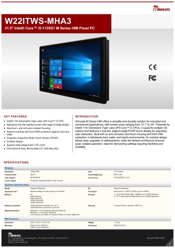 21.5" Intel&reg; Core&trade; i5-1135G7 M Series HMI Panel PC W22ITWS-MHA3