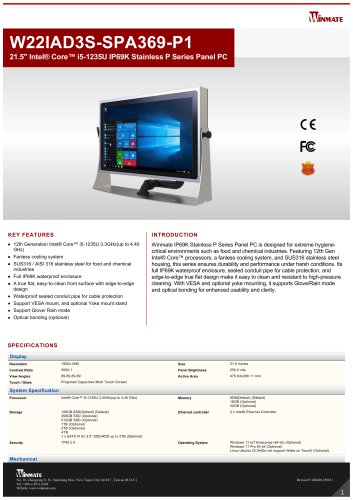 21.5" Intel&reg; Core&trade; i5-1235U IP69K Stainless P Series Panel PC W22IAD3S-SPA369-P1