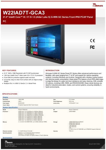 21.5" Intel&reg; Core&trade; i9 / i7/ i5 / i3 (Alder Lake S) G-WIN GC Series Front IP65 PCAP Panel PC W22IAD7T-GCA3 