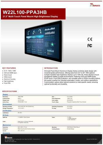 21.5" Multi-Touch Panel Mount High Brightness Display W22L100-PPA3HB