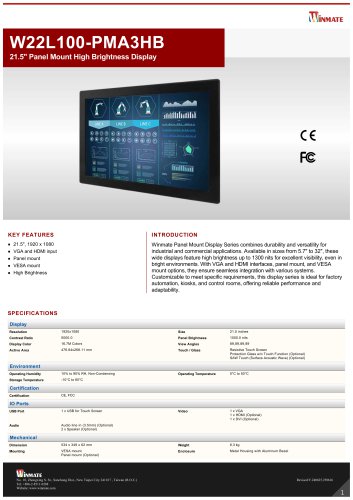 21.5" Panel Mount High Brightness Display W22L100-PMA3HB