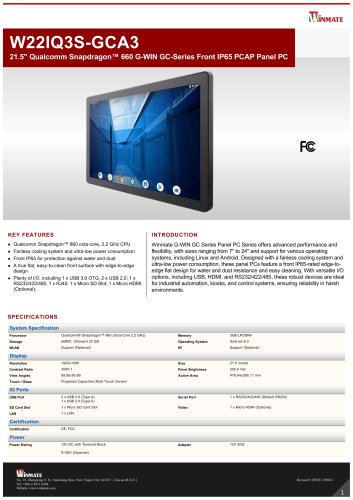 21.5" Qualcomm Snapdragon&trade; 660 G-WIN GC-Series Front IP65 PCAP Panel PC W22IQ3S-GCA3