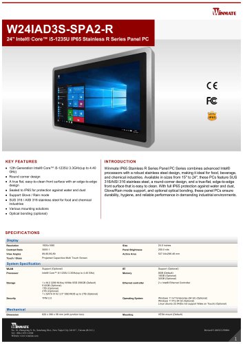 24" Intel&reg; Core&trade; i5-1235U IP65 Stainless R Series Panel PC W24IAD3S-SPA2-R