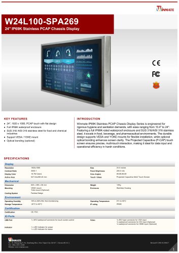24" IP69K Stainless PCAP Chassis Display W24L100-SPA269