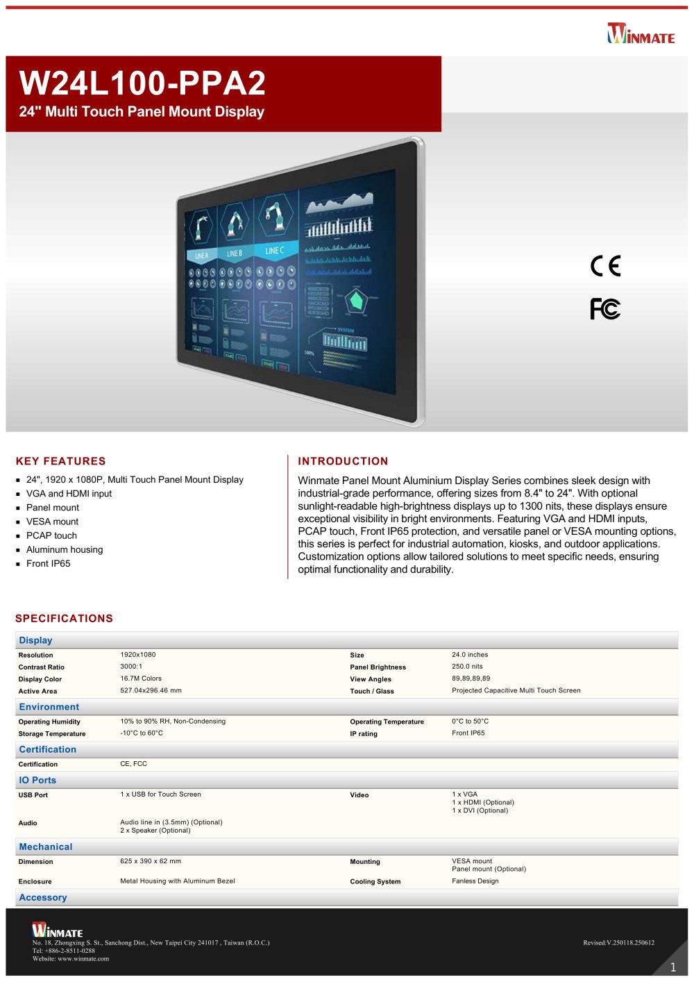 24" Multi Touch Panel Mount Display W24L100-PPA2 - Winmate, Inc.