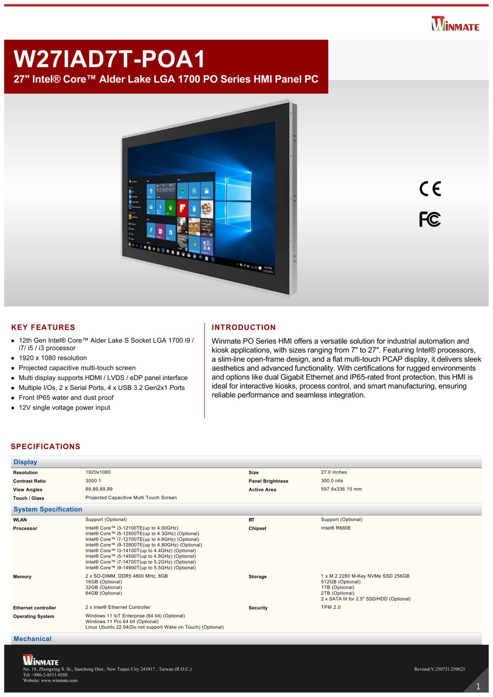 27" Intel&reg; Core&trade; Alder Lake LGA 1700 PO Series HMI Panel PC W27IAD7T-POA1 - Winmate, Inc.