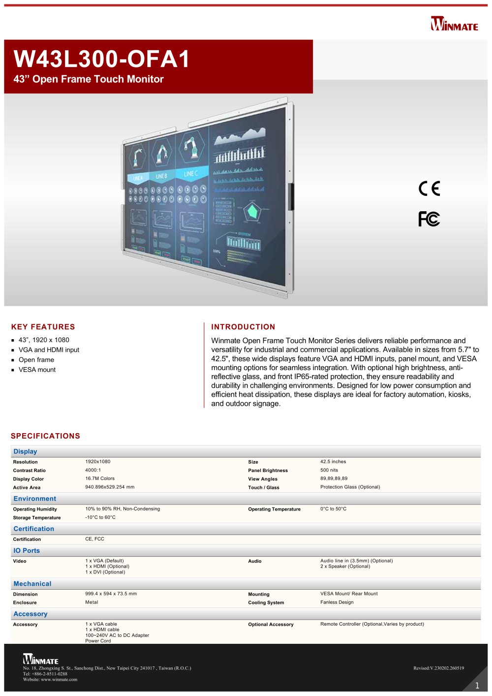 43&rdquo; Open Frame Touch Monitor W43L300-OFA1 - Winmate, Inc.