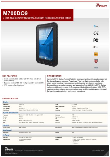 7 inch Qualcomm&reg; QCS6490, Sunlight Readable Android Tablet M700DQ9