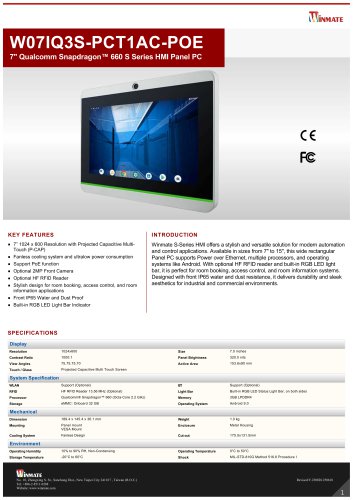 7" Qualcomm Snapdragon&trade; 660 S Series HMI Panel PC W07IQ3S-PCT1AC-POE