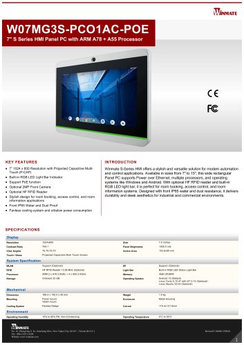 7" S Series HMI Panel PC with ARM A78 + A55 Processor W07MG3S-PCO1AC-POE