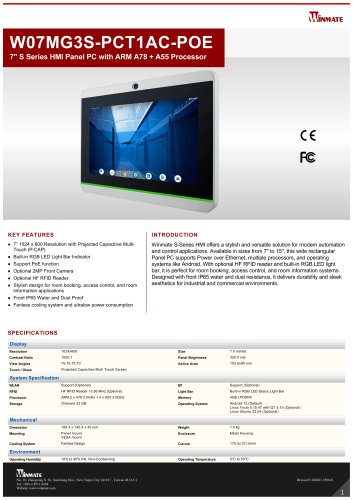 7" S Series HMI Panel PC with ARM A78 + A55 Processor W07MG3S-PCT1AC-POE