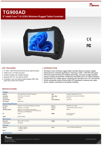 8" Intel&reg; Core&trade; i5-1235U Windows Rugged Tablet Controller TG900AD
