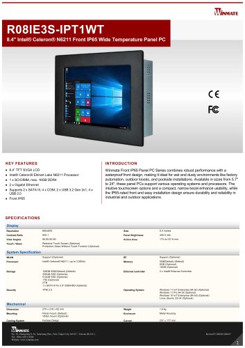 8.4" Intel&reg; Celeron&reg; N6211 Front IP65 Wide Temperature Panel PC R08IE3S-IPT1WT
