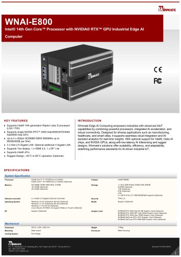 Intel&reg; 14th Gen Core&trade; Processor with NVIDIA&reg; RTX&trade; GPU Industrial Edge AI Computer WNAI-E800
