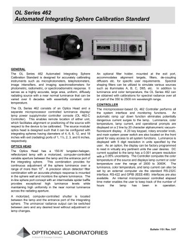 OL 462 Automated High- Intensity Integrating Sphere Calibration Standard