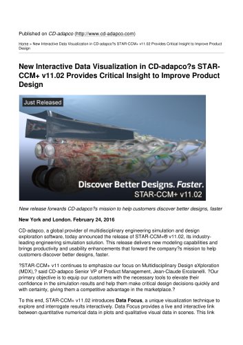 New Interactive Data Visualization in CD-adapco’s STAR-CCM+ v11.02 Provides Critical Insight to Improve Product Design