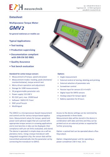 Datasheet Multipurpose Torque Meter GMV2