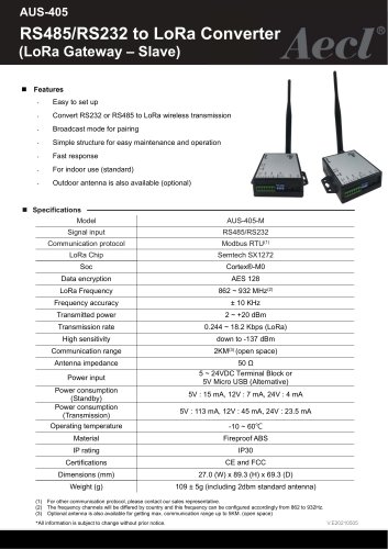 Aecl RS485/RS232 to LoRa Converter (AUS-405)