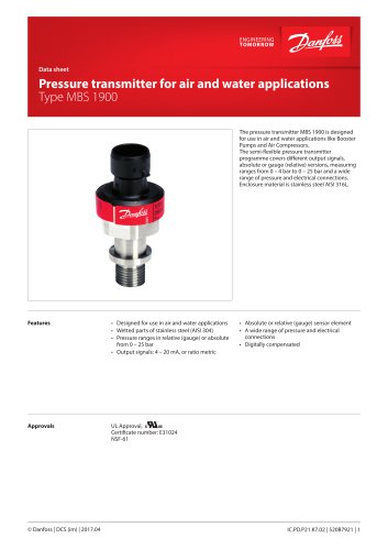 Pressure transmitter for air and water applications Type MBS 1900