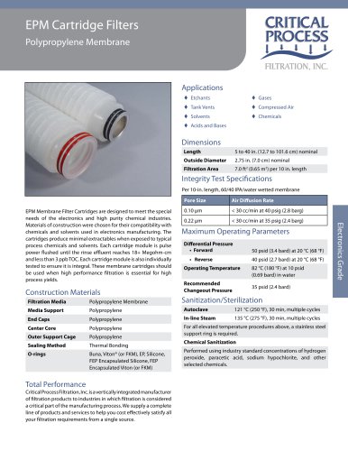 Electronics Polypropylene Membrane Cartridge Filters