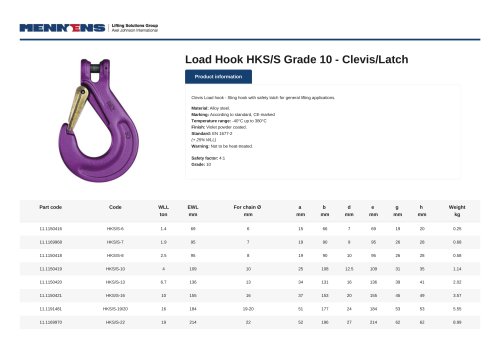 Load Hook HKS/S Grade 10 - Clevis/Latch