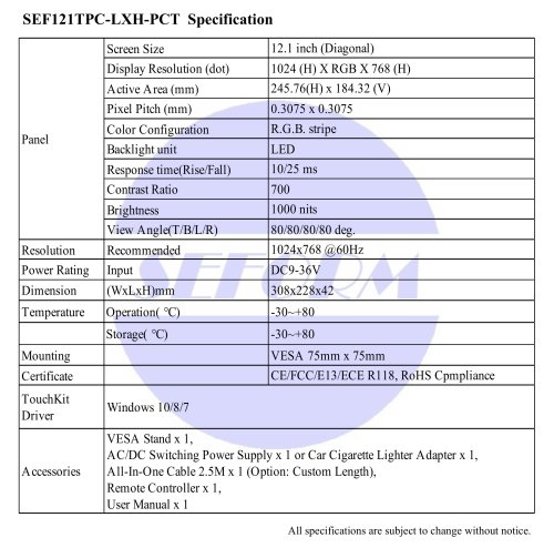 SEF121TPC-LXH-PCT Spec