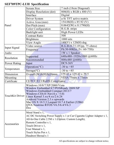 SEF709TPC-LUH Spec