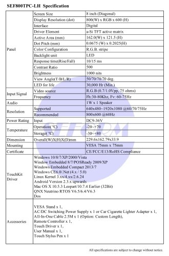 SEF800TPC-LH Spec