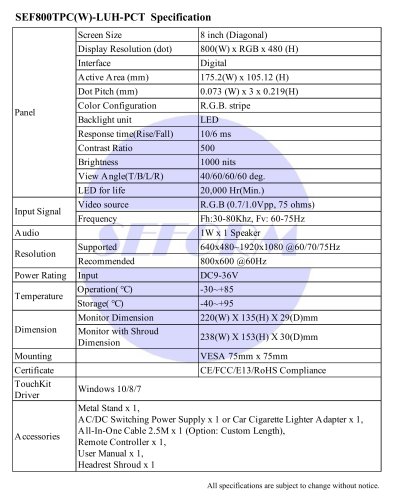 SEF800TPC(W)-LUH-PCT Spec