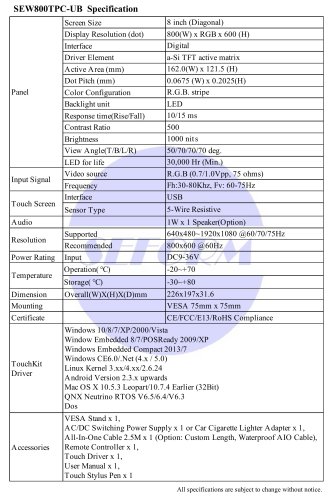 SEW800TPC-UB Spec