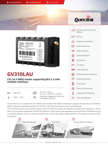 GV310LAU-LTE Cat 4 GNss tracker supporting BLE 5.2 withmultiple interfaces