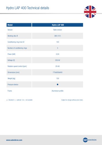 Hydro LAP 400 Technical details