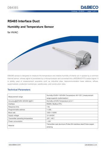 RS485 Interface Duct Humidity and Temperature Sensor DB4385 for HVAC