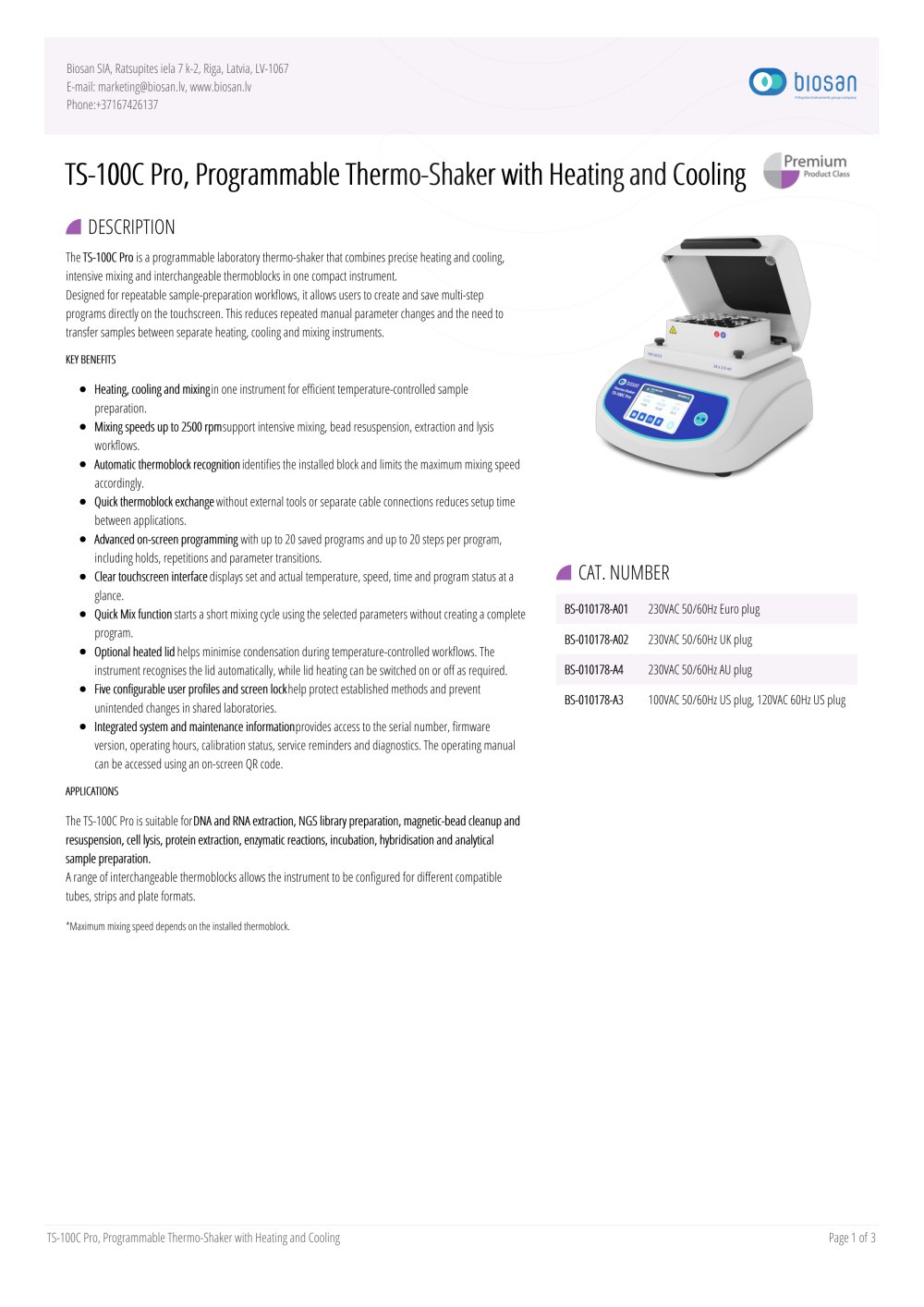 TS-100C Pro, Programmable Thermo-Shaker with Heating and Cooling - Brochure - Biosan