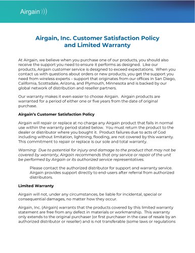 Airgain, Inc. Customer Satisfaction Policy and Limited Warranty