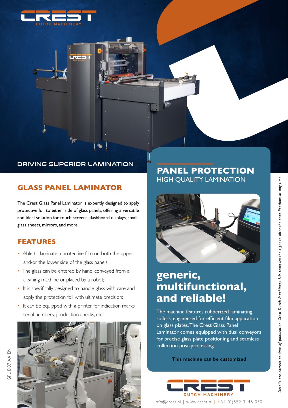 Crest Datasheet Glass Panel Protection Laminator - Crest Dutch Machinery