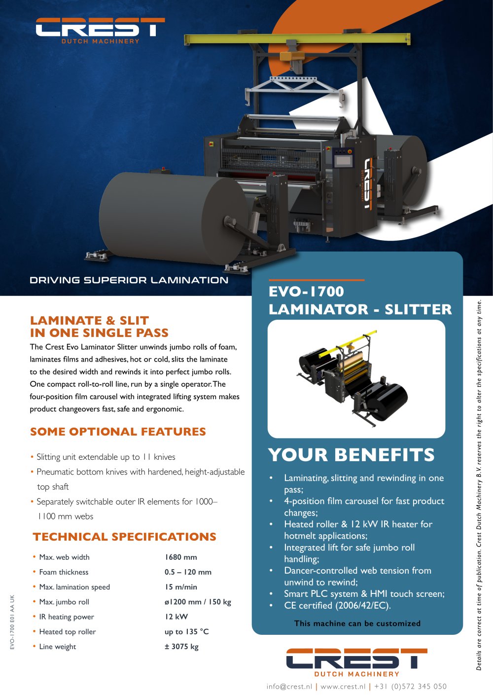 Datasheet Crest EVO-1700 Laminator Slitter - Crest Dutch Machinery
