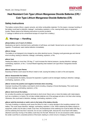  Safety Instructions_Coin Type Lithium Manganese Dioxide Batteries (CR) 