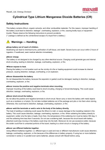 Safety Instructions_Cylindrical Type Lithium Manganese Dioxide Batteries (CR) 