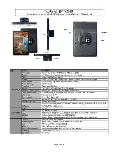 EVI-YZ08P : 8-inch Android tablet with POE Ethernet port - NFC and LED optional