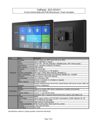 EVI-YZ1011: 10-inch Android tablet with POE Ethernet port - Flush mountable